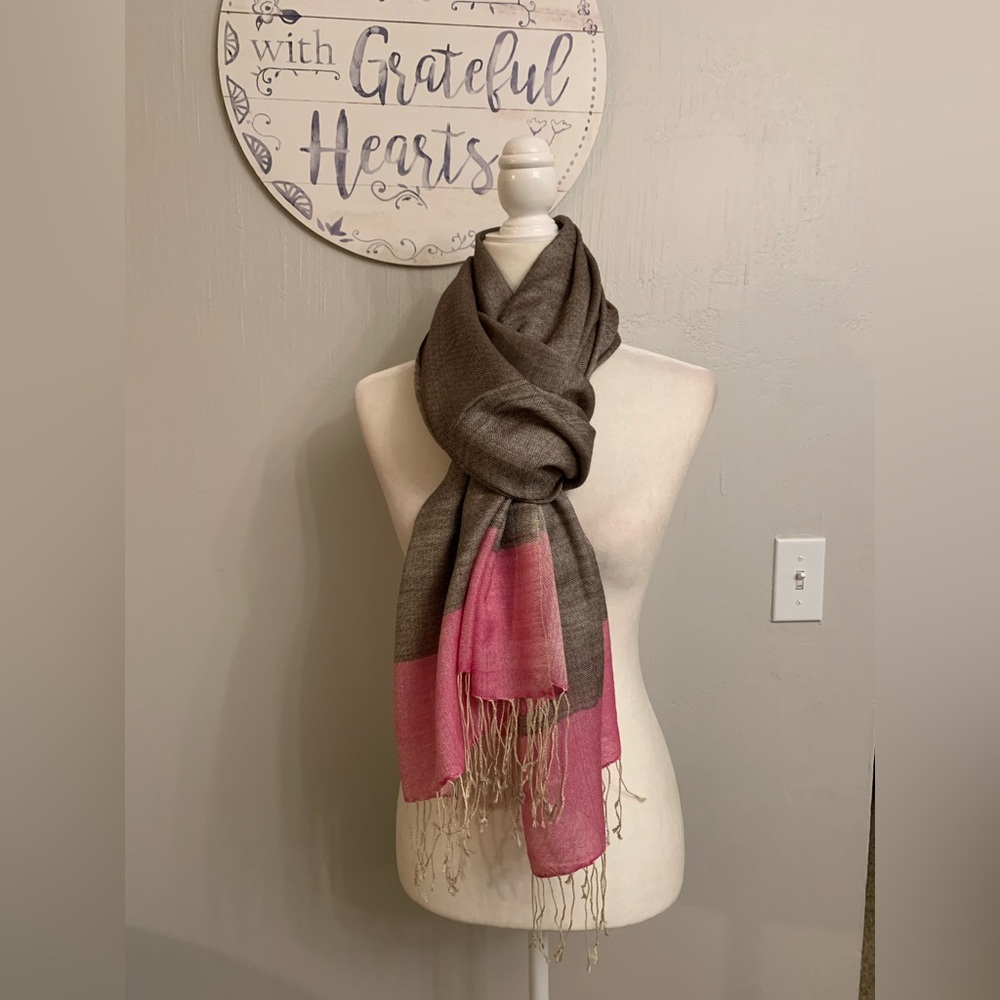 Pink and Brown Scarf with Fringe - Picture 1 of 3